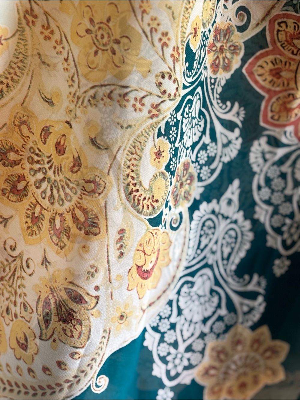 CHICOS lightweight PRINT SCARF coin details TEAL IVORY floral